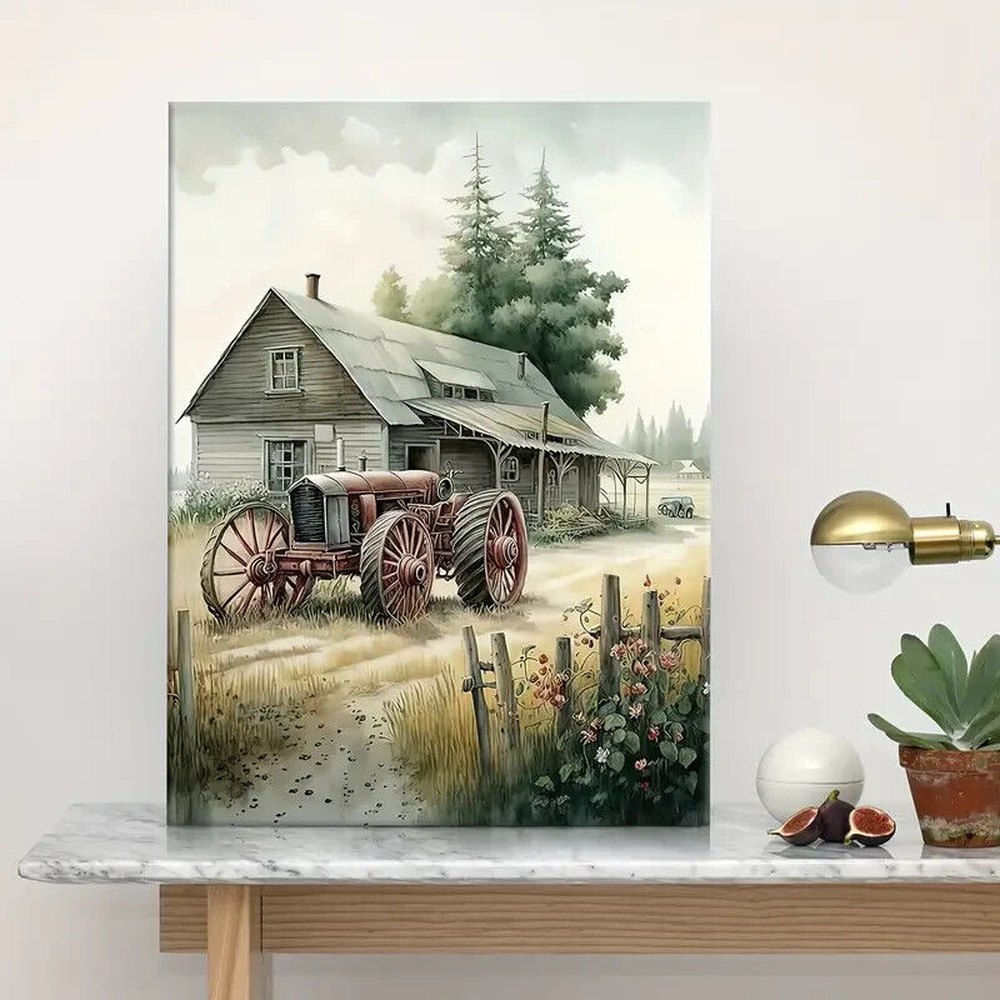 Country Farmhouse & Tractor Artistic Canvas Print Framed 12" x 16" Wall Art Home & Garden:Home Décor:Posters & Prints Style Your Walls